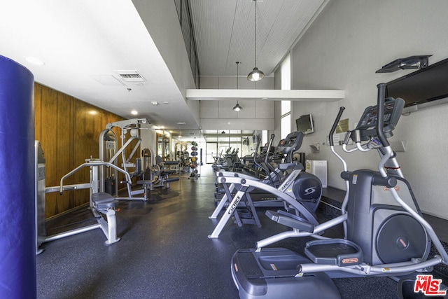 gym featuring a towering ceiling