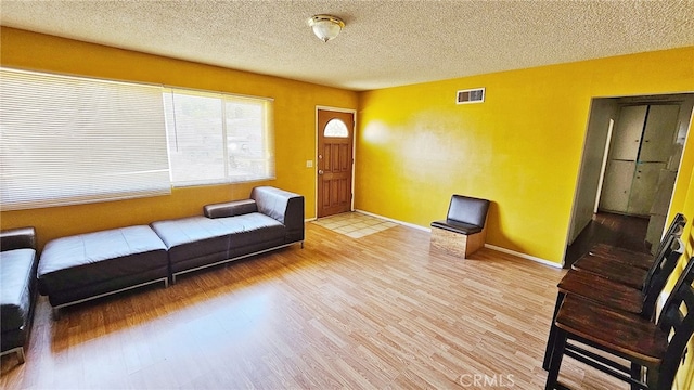 living room with a textured ceiling and light hardwood / wood-style flooring