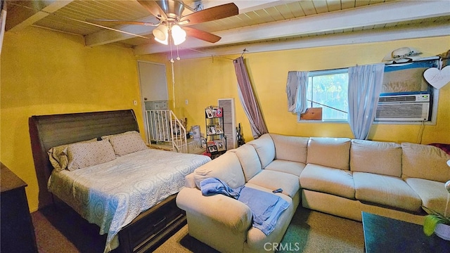 carpeted bedroom with ceiling fan, beamed ceiling, and wood ceiling