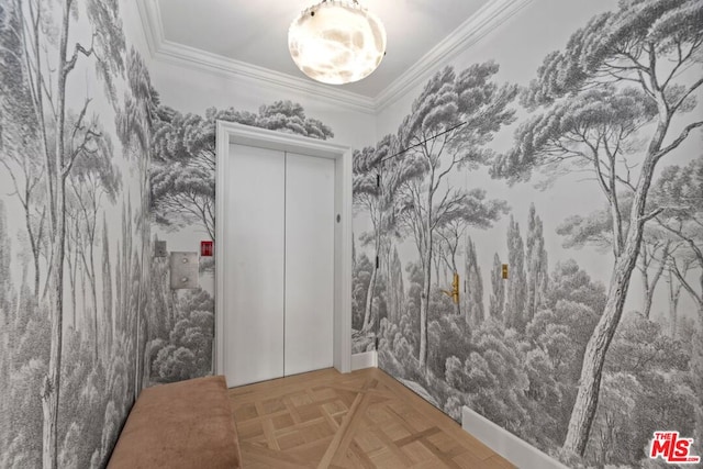 interior space featuring parquet flooring and crown molding