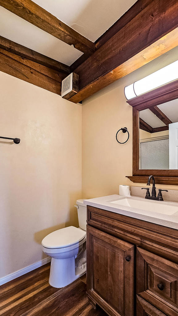 bathroom with wood-type flooring, vanity, and toilet