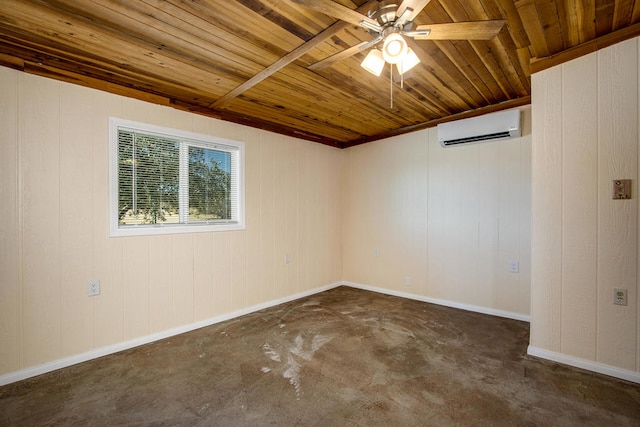 empty room with wood walls, ceiling fan, wooden ceiling, and a wall mounted air conditioner