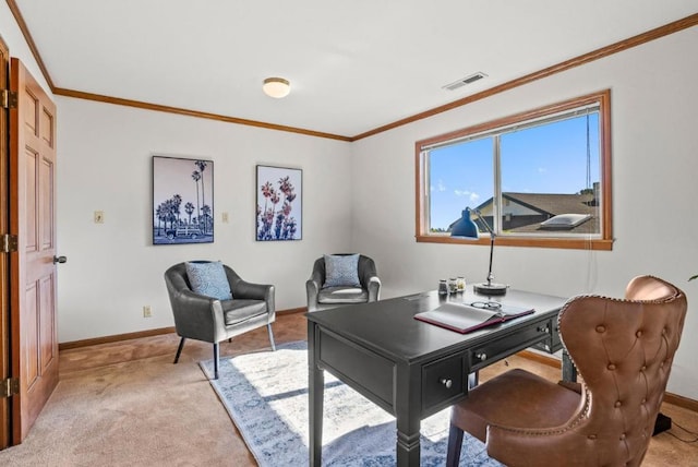 office area with crown molding and light carpet