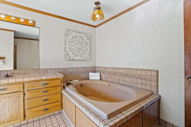 bathroom featuring tile patterned flooring, crown molding, and a tub