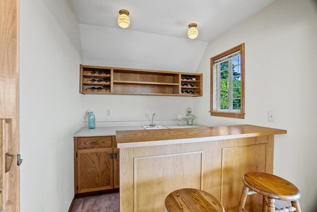 bar featuring dark colored carpet, vaulted ceiling, and sink