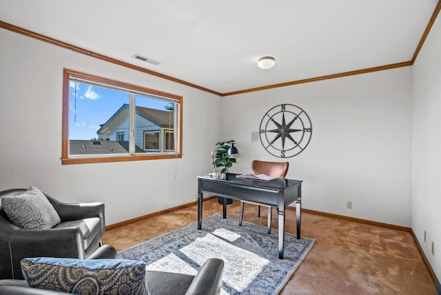 home office featuring crown molding and carpet