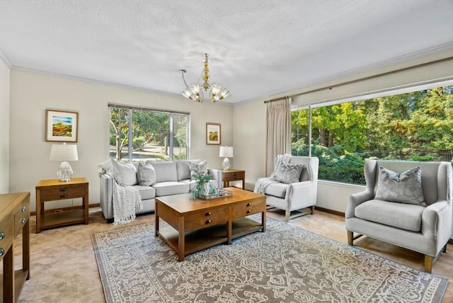 living room with an inviting chandelier, crown molding, light carpet, and a textured ceiling