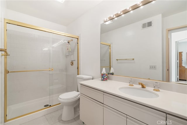 bathroom with an enclosed shower, tile patterned floors, vanity, and toilet