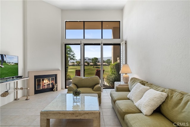 living room featuring light tile patterned floors