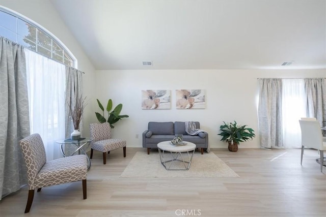 living area featuring light hardwood / wood-style flooring, a healthy amount of sunlight, and vaulted ceiling