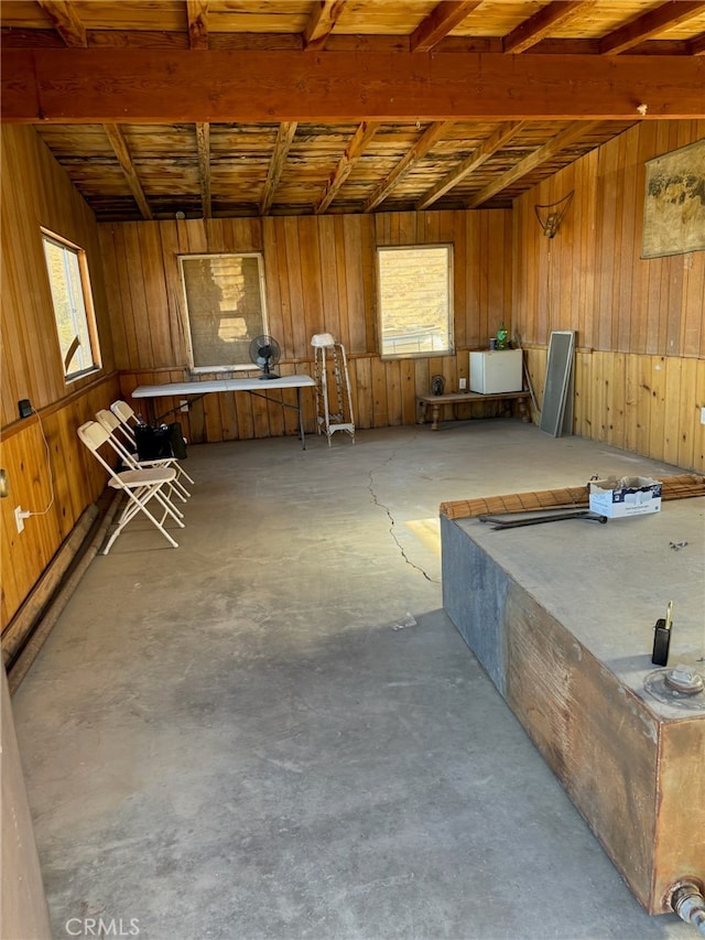 misc room with wood walls, concrete flooring, and plenty of natural light