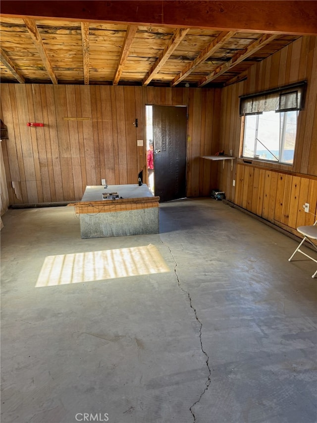 miscellaneous room with concrete flooring and wood walls