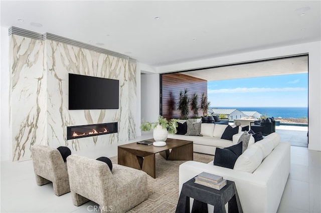 living room featuring a fireplace