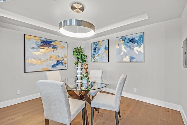 dining room featuring a tray ceiling and hardwood / wood-style flooring