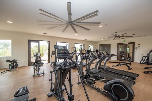 workout area featuring ceiling fan