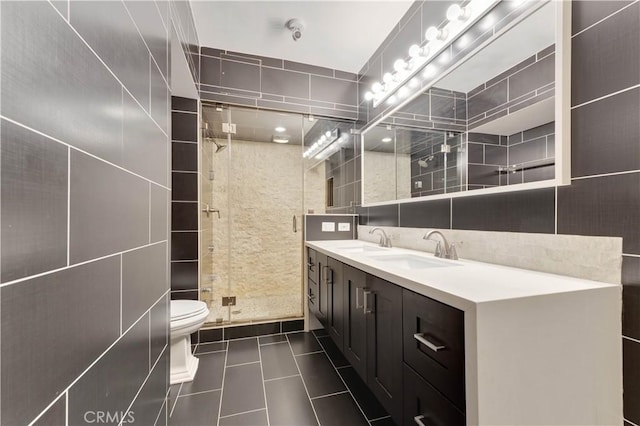 bathroom with tasteful backsplash, walk in shower, tile walls, and toilet