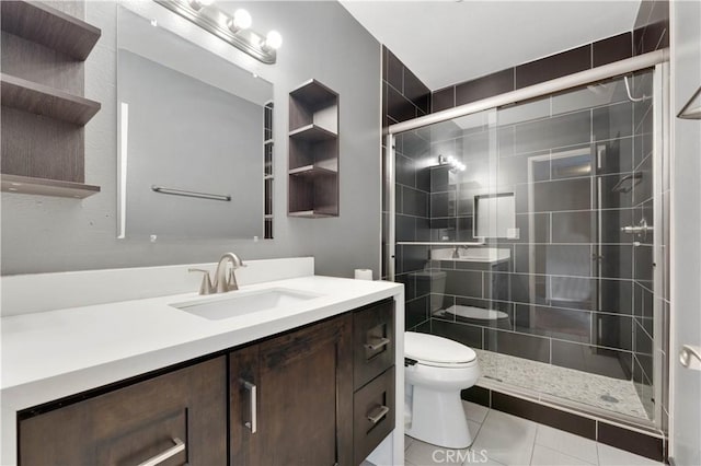 bathroom featuring tile patterned floors, vanity, toilet, and an enclosed shower