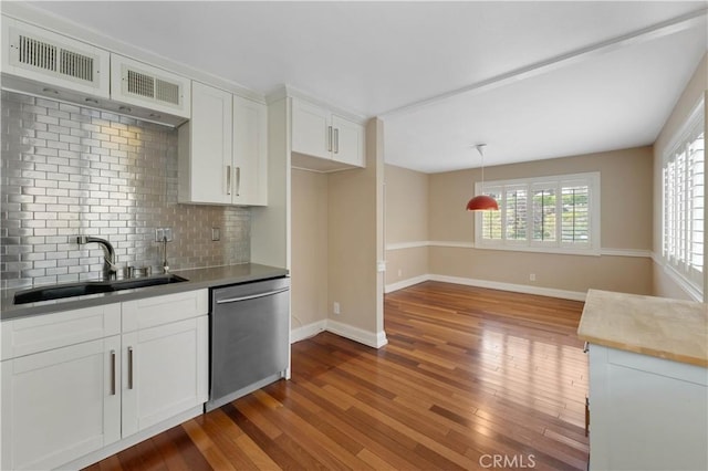 kitchen featuring stainless steel dishwasher, white cabinets, sink, and tasteful backsplash