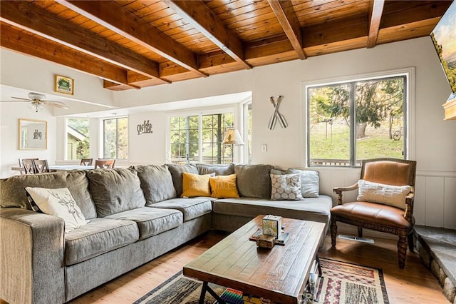 living room featuring beam ceiling, ceiling fan, light hardwood / wood-style flooring, and wooden ceiling