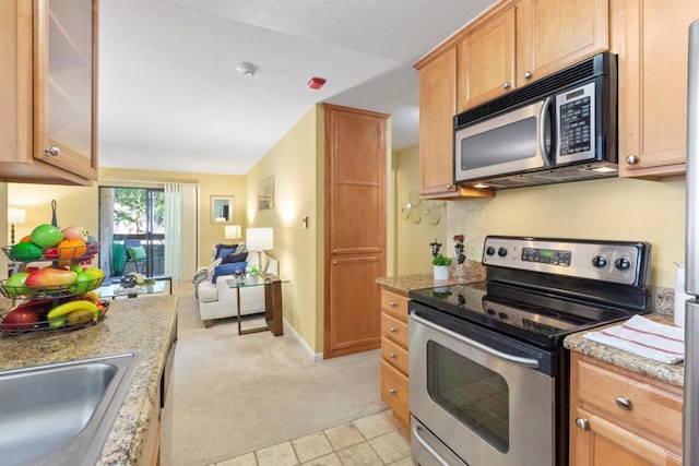 kitchen with appliances with stainless steel finishes, light colored carpet, and light stone countertops