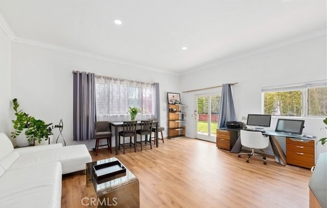 office featuring light wood-type flooring and crown molding