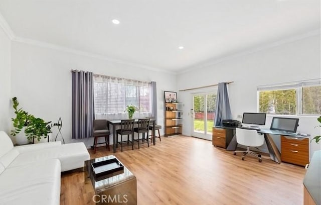 1026 Walnut Grove Ave, Rosemead, CA 91770 - office area featuring ornamental molding, light wood-type flooring, and recessed lighting