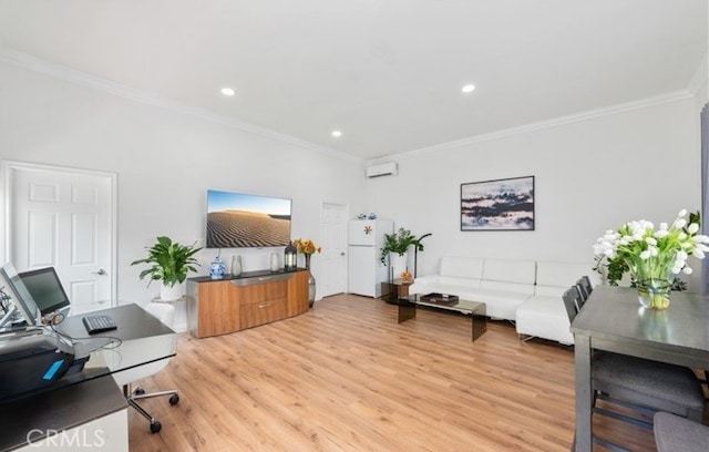 home office with wood-type flooring and crown molding