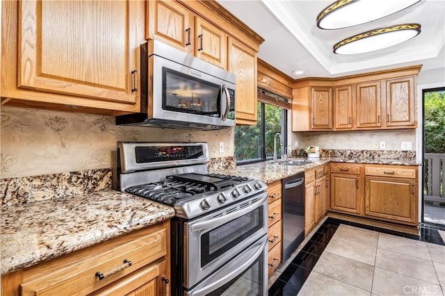 kitchen featuring a tray ceiling, sink, a healthy amount of sunlight, and appliances with stainless steel finishes