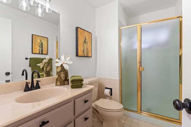 bathroom with vanity, an enclosed shower, tile patterned floors, and toilet