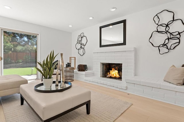 living room with light hardwood / wood-style flooring, a fireplace, and plenty of natural light