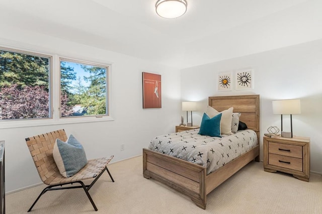 bedroom with light colored carpet