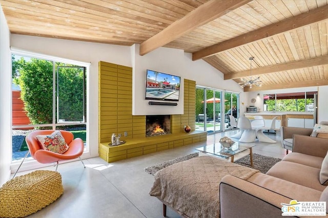 living room featuring ceiling fan, vaulted ceiling with beams, and wood ceiling