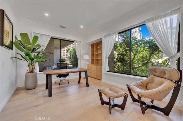 office area with crown molding and light hardwood / wood-style flooring