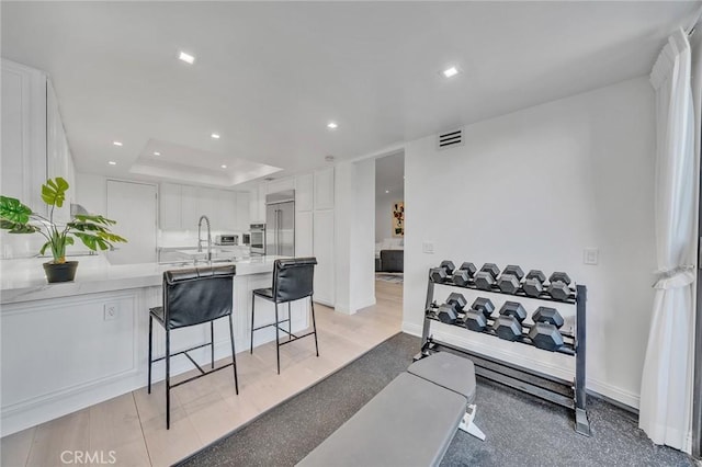 workout room featuring a tray ceiling and sink