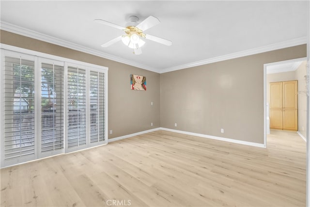 empty room with crown molding, ceiling fan, and light wood-type flooring