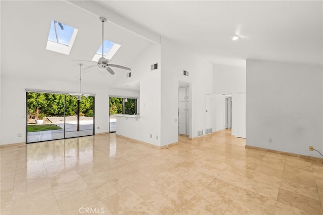 unfurnished living room featuring beam ceiling, a skylight, high vaulted ceiling, and ceiling fan