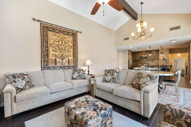 living room with ceiling fan with notable chandelier, beam ceiling, dark hardwood / wood-style flooring, and high vaulted ceiling