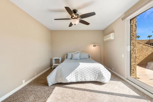 bedroom featuring access to outside, an AC wall unit, ceiling fan, and carpet