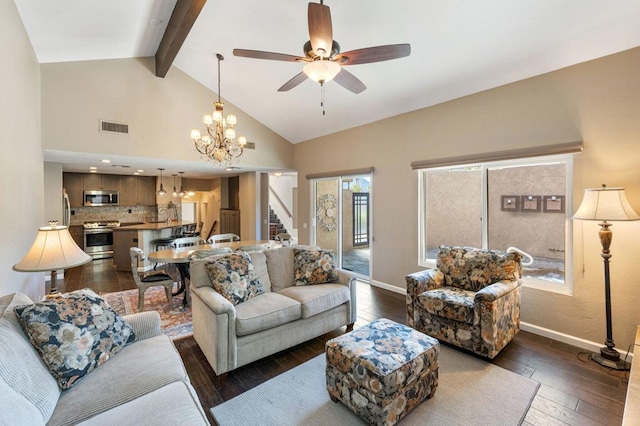 living room with beam ceiling, high vaulted ceiling, ceiling fan with notable chandelier, and dark hardwood / wood-style flooring