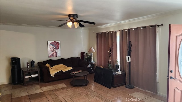 living room with ceiling fan and crown molding