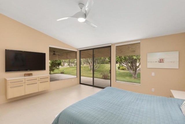 bedroom with access to exterior, ceiling fan, and vaulted ceiling