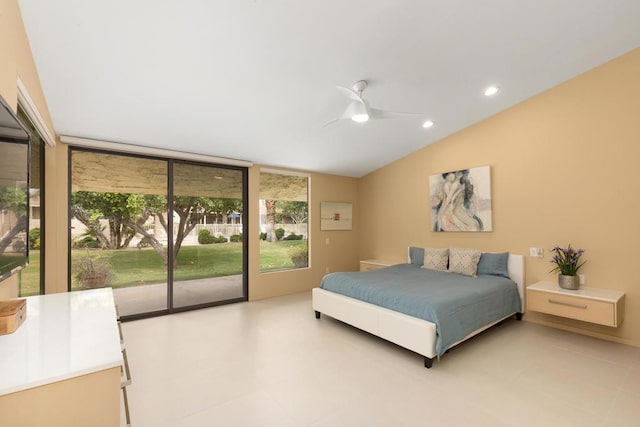 bedroom featuring access to outside, ceiling fan, expansive windows, and lofted ceiling