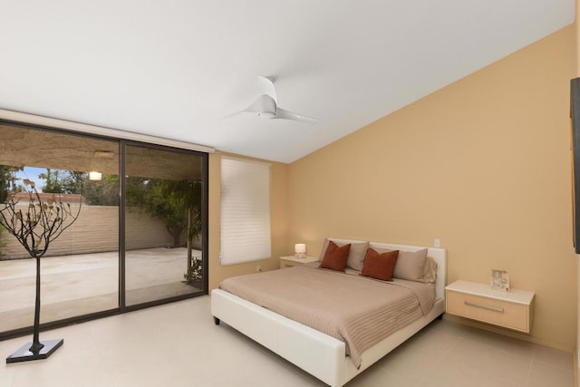 bedroom featuring access to exterior, ceiling fan, and floor to ceiling windows