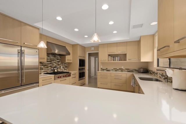 kitchen with sink, wall chimney exhaust hood, stainless steel appliances, a raised ceiling, and pendant lighting