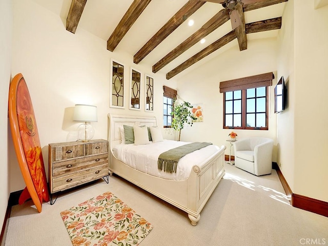 bedroom with light carpet, high vaulted ceiling, and beamed ceiling