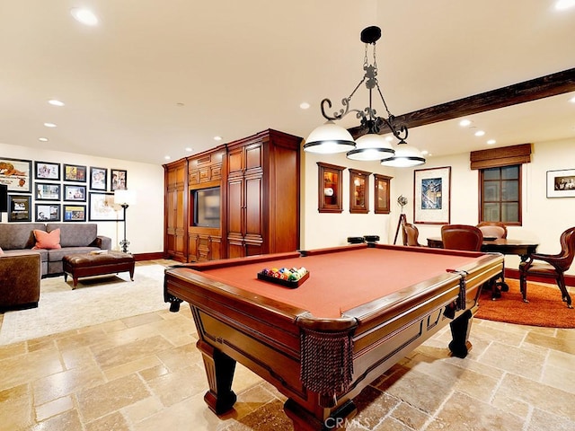 rec room with billiards and beam ceiling