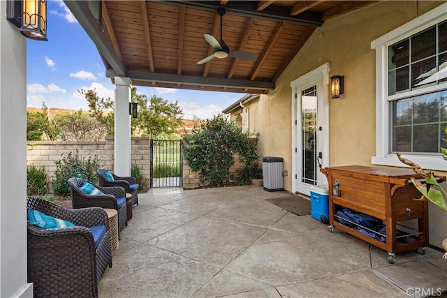 view of patio with ceiling fan and french doors