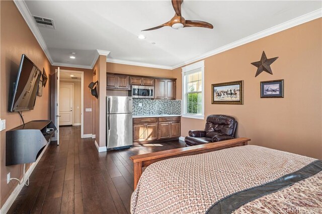 bedroom with ceiling fan, ornamental molding, stainless steel fridge, and dark hardwood / wood-style flooring