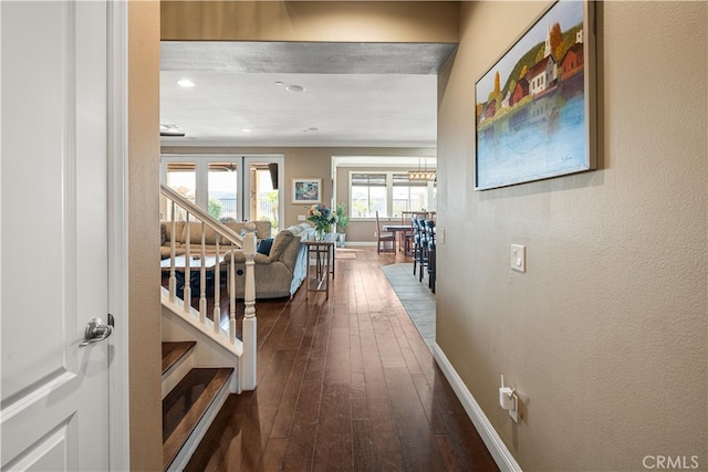 hallway with a notable chandelier and dark hardwood / wood-style flooring