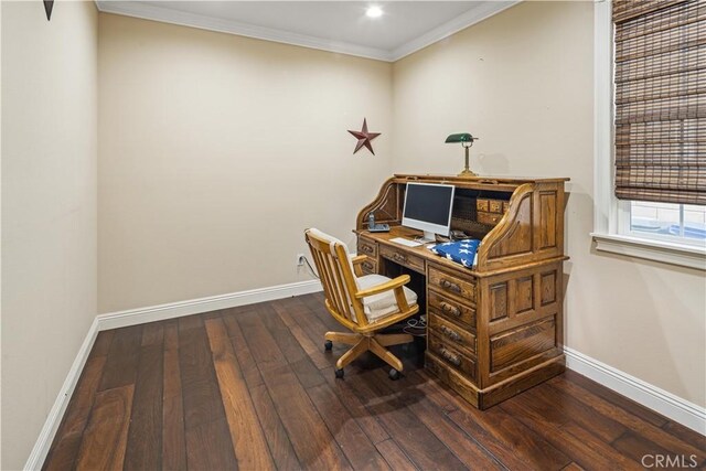 home office featuring dark hardwood / wood-style floors and ornamental molding